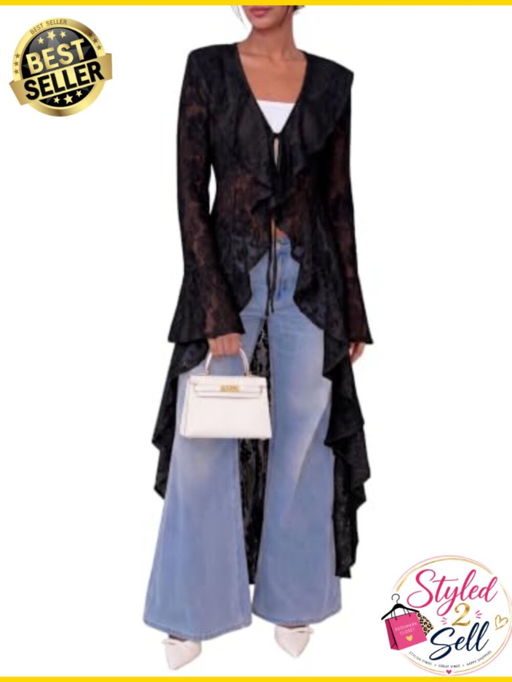 Women Lace Maxi Cardigan Open Front Tie Bell Sleeve Ruffled Duster Cover Up - Picture 1 of 6